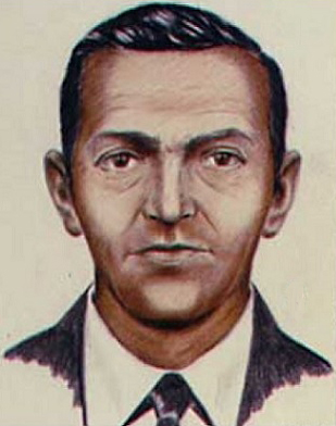 An FBI composite sketch showing the face and suit of the unidentified hijacker known as D.B. Cooper.